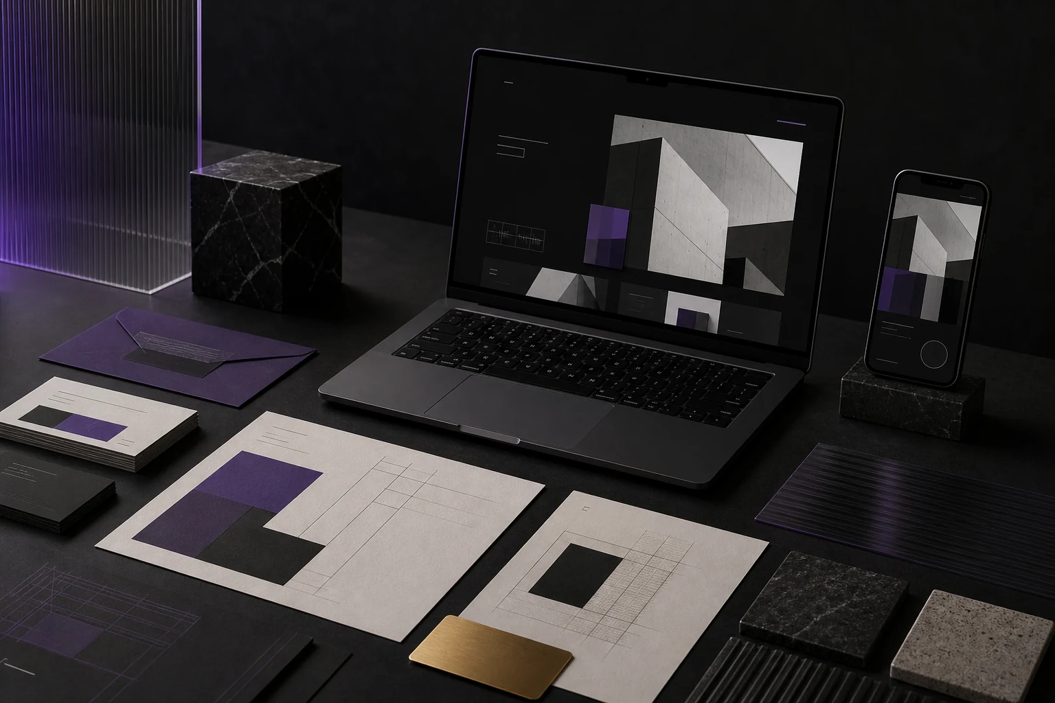 Purple stationery, business cards and material samples beside a laptop and smartphone in a dark studio.