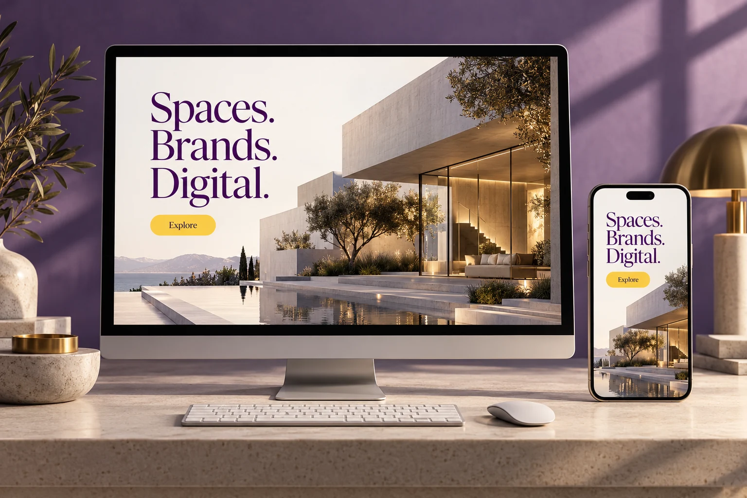 Desktop monitor and smartphone displaying matching purple and gold architectural website layouts.